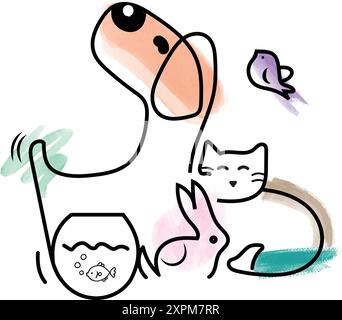 Watercolor Animals vector, dog cat fist rabbit watercolor illustration vector, Animals illustration Stock Vector
