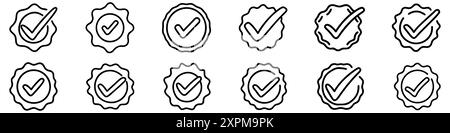 Quality icon. Set of drawn quality marks with checkmark, representing reliability and quality. Stock Vector