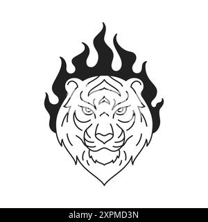 Y2k strong tiger portrait with burning flame black tattoo outline icon vector flat illustration. Wild powerful feline animal carnivorous predator head Stock Vector