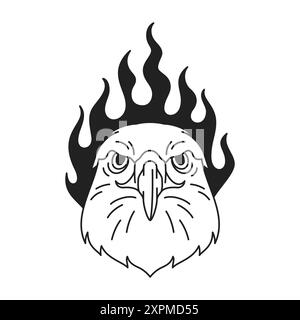 Y2k eagle hawk falcon head with burning flame art tattoo outline icon vector flat illustration. Strong wild predator bird portrait psychedelic groovy Stock Vector