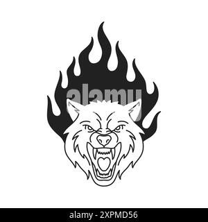 Y2k angry roaring wolf with burning flame gothic black tattoo outline icon vector flat illustration. Aggressive powerful coyote wild animal canine pre Stock Vector
