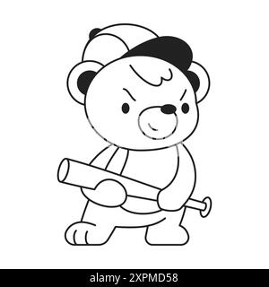 Y2k aggressive bear toy with baseball bat outline black tattoo icon vector flat illustration. Psychedelic teddy bully vandal cartoon character danger Stock Vector