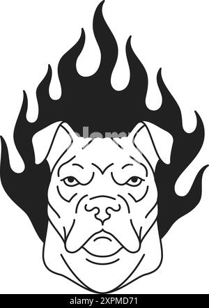Y2k dog pitbull portrait with burn flame gothic art tattoo black outline icon vector flat illustration. Canine pet domestic animal head with fire blaz Stock Vector