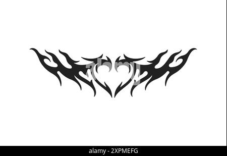 Y2k tribal celtic neo gothic heart fire flame silhouette tattoo black icon vector flat illustration. Aesthetic flammable burning love amour romantic s Stock Vector