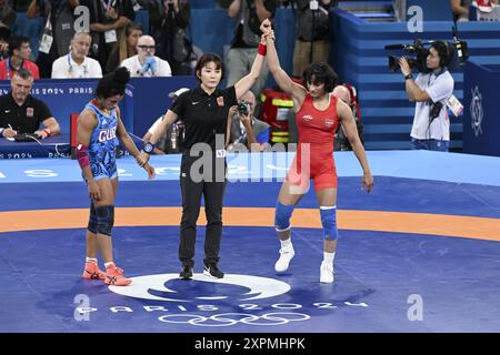 Paris, France. 06th Aug, 2024. Vinesh Vinesh Phogat (India) vs Yusneylis Guzmán López (Cuba), Wrestling, Women's Freestyle 50kg Semifinal during the Olympic Games Paris 2024 on 6 August 2024 at Champ-de-Mars Arena in Paris, France - Photo Federico Pestellini/Panoramic/DPPI Media Credit: DPPI Media/Alamy Live News Stock Photo