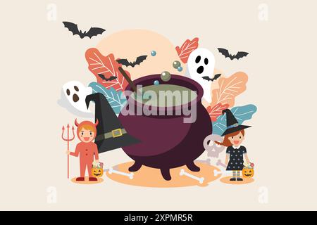 Witch cauldron with children in halloween costume. Halloween party greeting card. Vector illustration Stock Vector