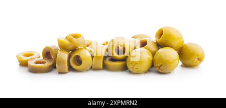 Sliced pickled green olives in brine isolated on a white background. Stock Photo