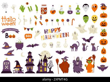 A collection of Halloween-themed design elements and phrases. Set include a pumpkin, cats, haunted houses, and bottles with poison. Vector cartoon dec Stock Vector