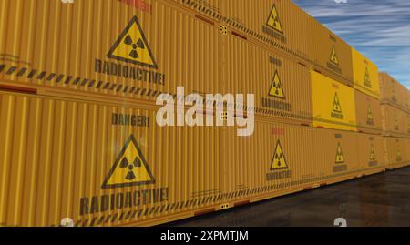 Radioactive waste and nuclear cargo containers in row business concept ...