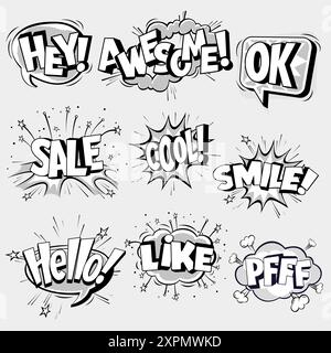 Collection of black and white comic speech bubbles set with groovy raster shadow texture. Vector flat illustration collection. Stock Vector