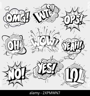 Collection of black and white comic speech bubbles set with groovy raster shadow texture. Vector flat illustration collection. Stock Vector