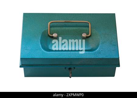 closed shut metal lockable cash box, money tin isolated on white background Stock Photo