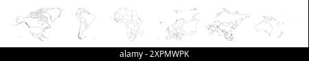 Set of six world continent maps in a row - North America, South America, Africa, Europe, Asia and Australia. Thin black outline blank vector map Stock Vector