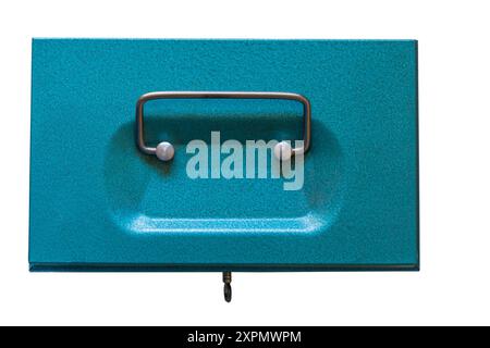 closed shut metal lockable cash box, money tin isolated on white background Stock Photo