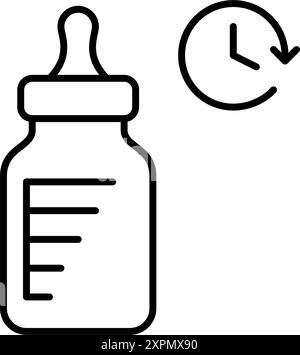 Baby bottle and clock. Feeding time, correct routine. Pixel perfect, editable stroke vector icon Stock Vector