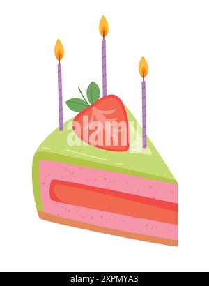 A piece of jelly cake with strawberries and candles. Stock Vector