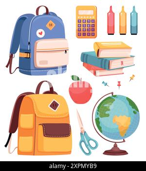 School supplies set. Backpack, book, globe,apple, felt-tip pens, scissors.Back to school.Cute office supplies hand drawn. Stock Vector
