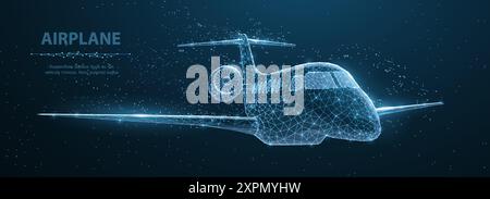 Airplane. Abstract 3d polygonal wireframe airplane on blue night sky with dots and stars. Stock Vector