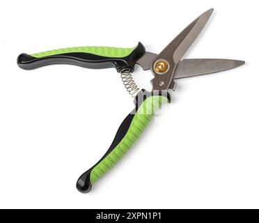Green garden secateur isolated on a white background. Pruning shears. Top view. Clipping path Stock Photo