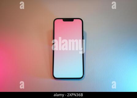 Smartphone blank screen mockup. Pastel light. White textured gradient background Stock Photo