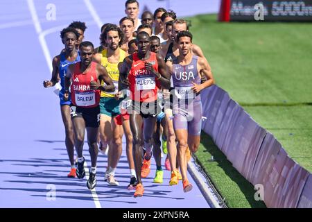 PARIS, FRANCE - AUGUST 7: Ronald Kwemoi of Kenya, Grant Fisher of USA competing in the Men's 5000m during Day 12 of Athletics - Olympic Games Paris 2024 at Stade de France on August 7, 2024 in Paris, France. (Photo by Andy Astfalck/BSR Agency) Stock Photo