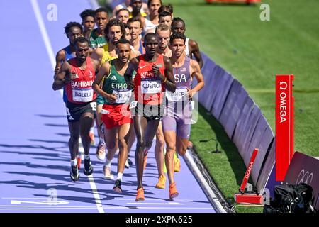 PARIS, FRANCE - AUGUST 7: Ronald Kwemoi of Kenya, Grant Fisher of USA competing in the Men's 5000m during Day 12 of Athletics - Olympic Games Paris 2024 at Stade de France on August 7, 2024 in Paris, France. (Photo by Andy Astfalck/BSR Agency) Stock Photo