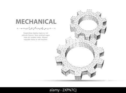 Gears. Closeup abstract vector wireframe two gear. 3d illustration isolated on white. Stock Vector