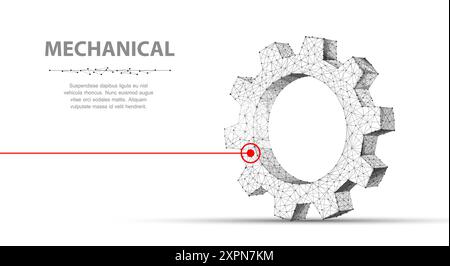 Gears. Abstract 3d vector wireframe single laser gear. 3d illustration isolated on white. Mechanical technology machine Stock Vector
