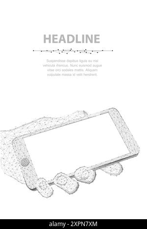 Mobile phone. Abstract polygonal wireframe closeup phone with blank white empty screen in holding man hand isolated on white. Stock Vector