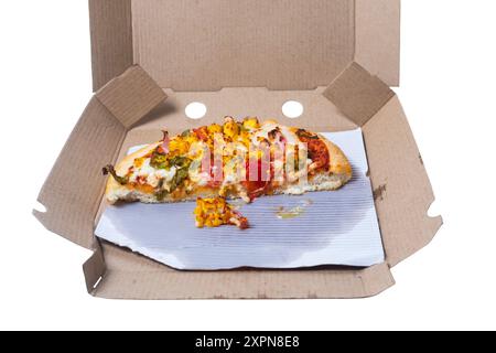 Closeup of leftover pizza in cardboard box on white background. isolated Stock Photo