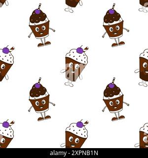 Pattern with chocolate Ice cream and blueberry, on white background. Cartoon style drawing. Vector illustration Stock Vector