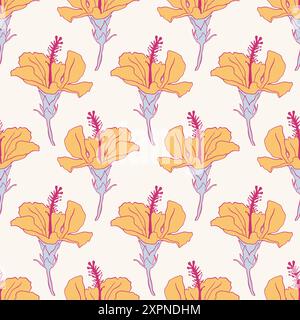 Hand drawn tropical hibiscus flower with leaves. Sketch florals on ...