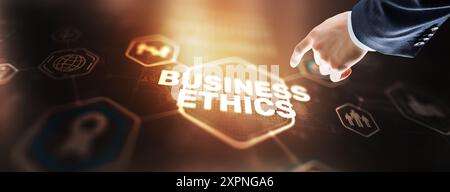 Business man writing business ethic concept on virtual screen Stock Photo