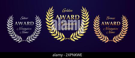 Set of metallic colored awards with pixel texture. Golden, silver and bronze symbol. Digital rewards creative concept. Isolated elements. Palm leaves Stock Vector