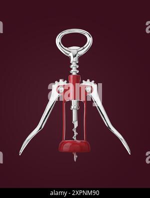 Winged corkscrew on with rack and pinion mechanism on dark purplish red background Stock Photo