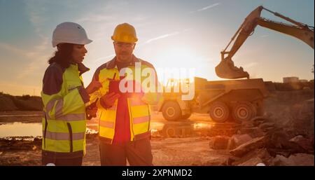 Caucasian Male Engineer Using Tablet And Talking To Hispanic Female Architect On Construction Site Of Real Estate Project. Colleagues Discussing Building Plan Of Apartment Complex During Golden Hour. Stock Photo