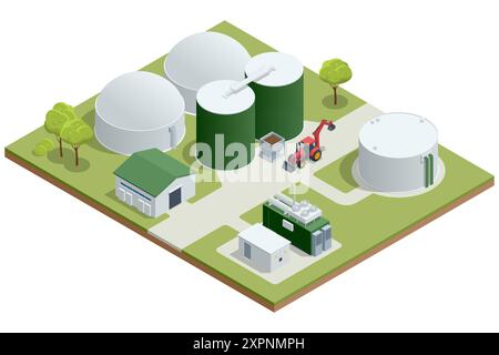 Isometric Modern biogas plant Biogas is an environmentally friendly clean, and cheap combustible gas produced from livestock manure and agricultural Stock Vector