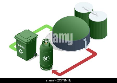 Isometric Modern biogas plant Biogas is an environmentally friendly clean, and cheap combustible gas produced from livestock manure and agricultural Stock Vector