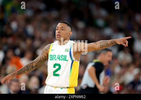 Paris, FRANCE - AUGUST 06: Yago Santos of Brazil during the Men's basketball quarterfinal game between Team United States and Team Brazil on day eleven of the Olympic Games Paris 2024 at Bercy Arena on August 06, 2024 in Paris, France.  © diebilderwelt / Alamy Stock Stock Photo