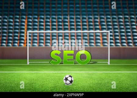 Goal on a soccer field with an SEO sign in the middle. Concept represents scoring in search engine targeting and optimization, highlighting strategy a Stock Photo