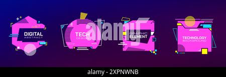 Tech banners. Futuristic digital glitchy borders with tech geometric shapes futuristic HUD elements UI design. Vector post-apocalyptic templates Stock Vector