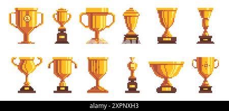 Pixel game cup. Retro video game asset, 8 bit cartoon trophy winner award for pixel art design, old vintage golden trophy cups in 80s style. Prize Stock Vector