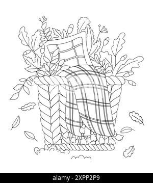 Coloring Page For Adults And Children Features A Blanket And Pillow In A Basket With Autumn Leaves Stock Vector