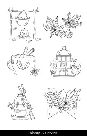 Autumn Illustrations For Adult And Children'S Coloring Page Feature A Pot On A Fire, Backpack, Cup, Envelope With Autumn Leaves, And A Retro Lantern Stock Vector