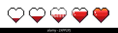 Pixel life bar heart icons. Retro video game health bar energy meter, gamer life and mana energy, retro 8 bit console game heart design. Vector set Stock Vector