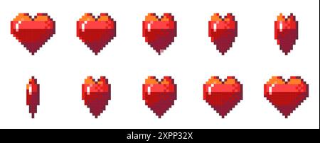 Pixel heart animation. Retro 8 bit game sprite with life bonus and red heart reflection and rotation effect. Vector arcade video game UI asset and Stock Vector