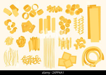 Cartoon pasta types. Hand drawn doodle macaroni and spaghetti ingredients for cooking, Italian cuisine gourmet food elements. Classic Italian pasta Stock Vector