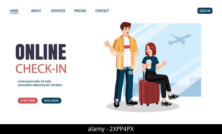 Young couple with suitcase showing thumbs up. Online check in concept website, web page design. Vector illustration. Stock Vector