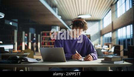 Handsome Student Writing an Essay on Laptop Computer, Thinking About the Topic, Brainstorming, Finding Solutions. Young Stylish Man Studying in a Public Library, Listening to Lecture in Headphones Stock Photo
