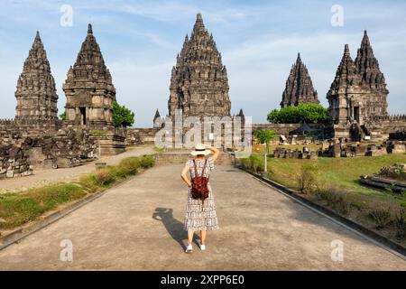 Woman traveler at Prambanan temple near Yogyakarta city, Central Java, Indonesia Stock Photo